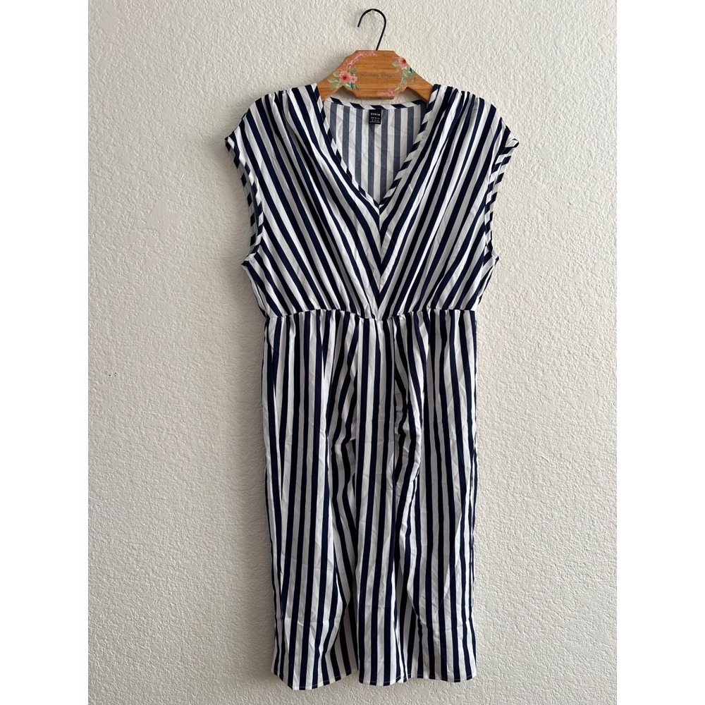 Shein Dress XL Navy White Vertical Stripe V-Neck Elastic Waist Sleeveless Midi